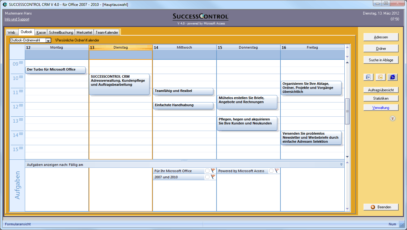Screenshot vom Programm: SUCCESSCONTROL CRM Kundenverwaltung plus Faktura