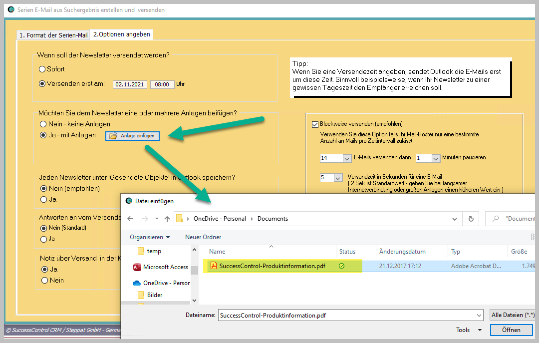 Anhang für die Outlook Serienmail auswählen