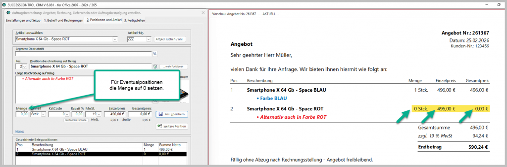 Eventualposition im Angebot erstellen