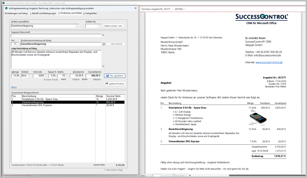 Dank Live-Vorschau sehen Sie Ihr Angebot sofort so, wie es der Kunde erhält – ohne Umwege oder Nachbearbeitung.