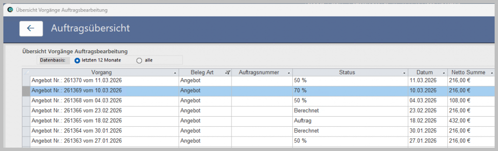 Die Angebotssoftware zeigt den Status aller Angebote übersichtlich an.