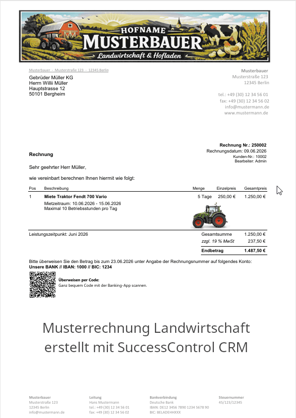 Rechnungsprogramm Landwirtschaft kostenlos Musterrechnung Bild: Kostenloses Rechnungsmuster für Maschinen- und Gerätevermietung in der Landwirtschaft.